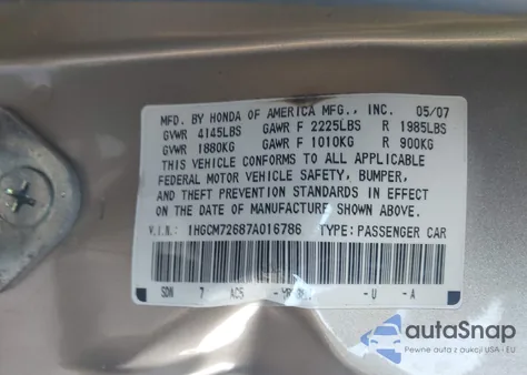 2007 Honda Accord 2.4 Ex из США, поврежденный, VIN 1HGCM72687A016786